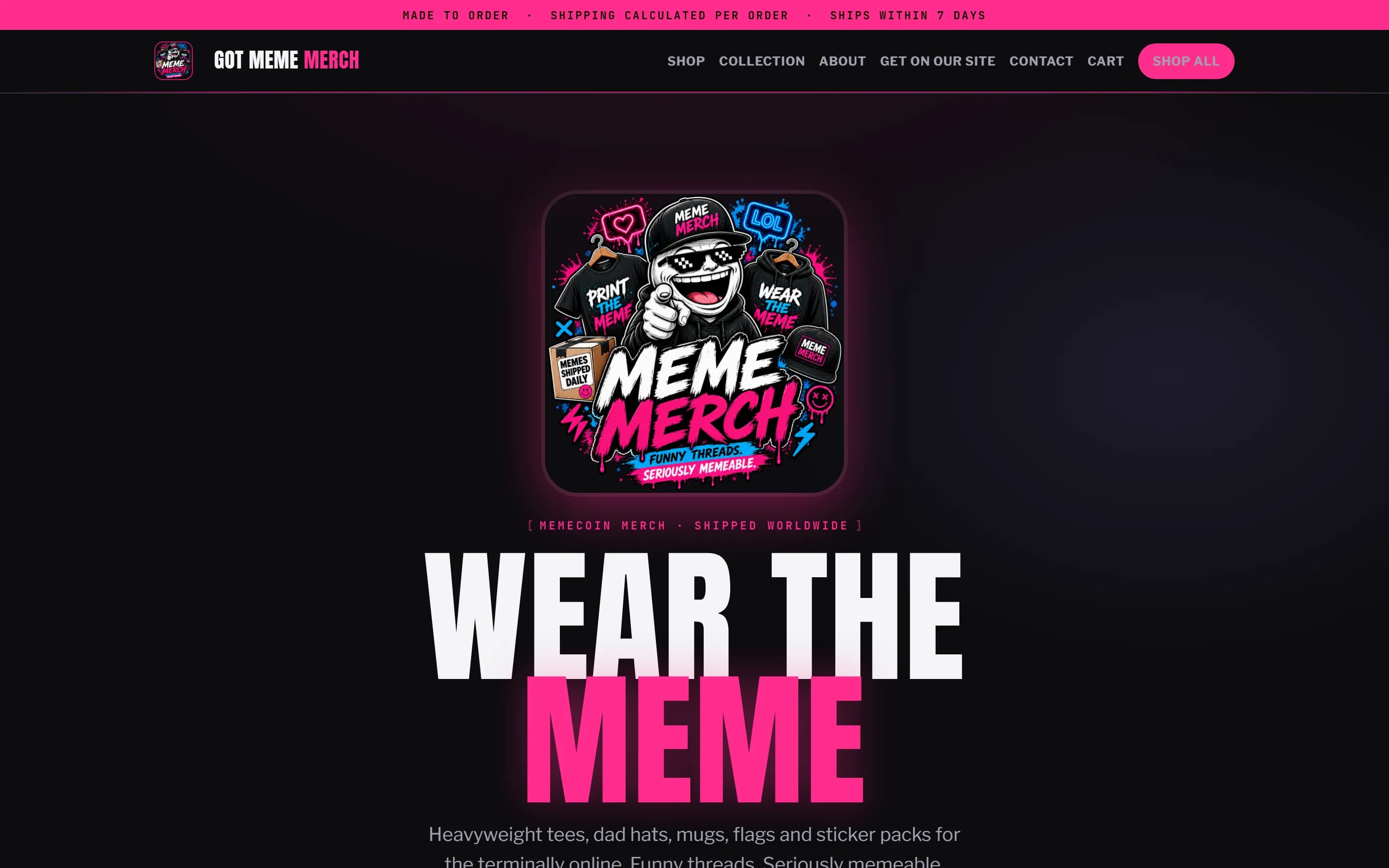 Screenshot of the Got Meme Merch website