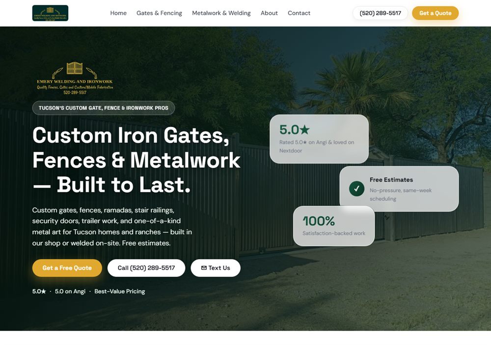 Screenshot of the Emery Welding & Ironwork website